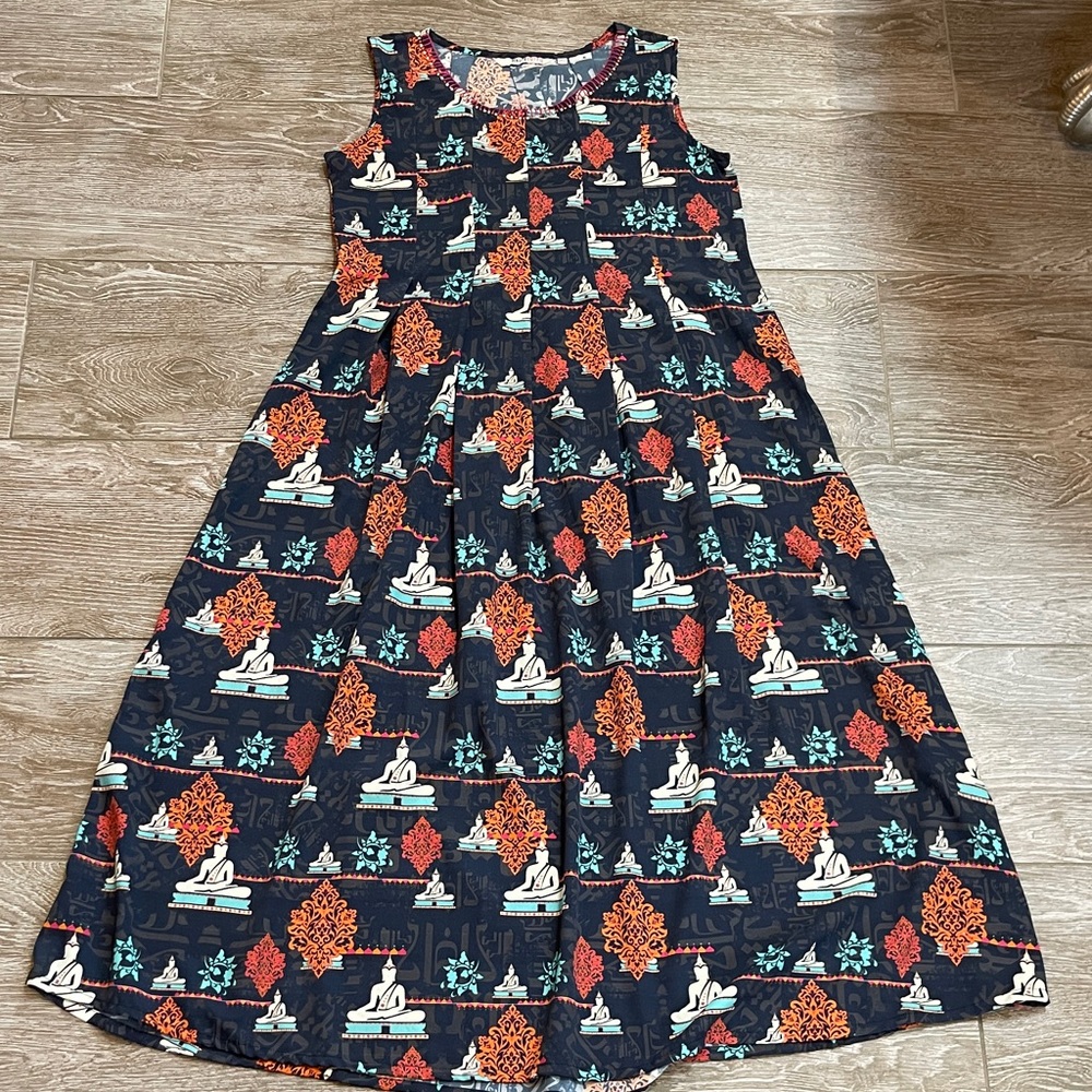 Sleeveless Boho style Maxi Dress with Orange & Teal Motif